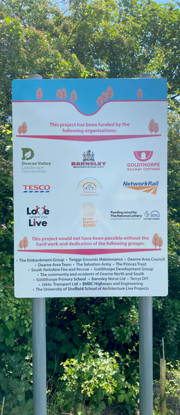 acknowledgements sign at goldthorpe railway embankment