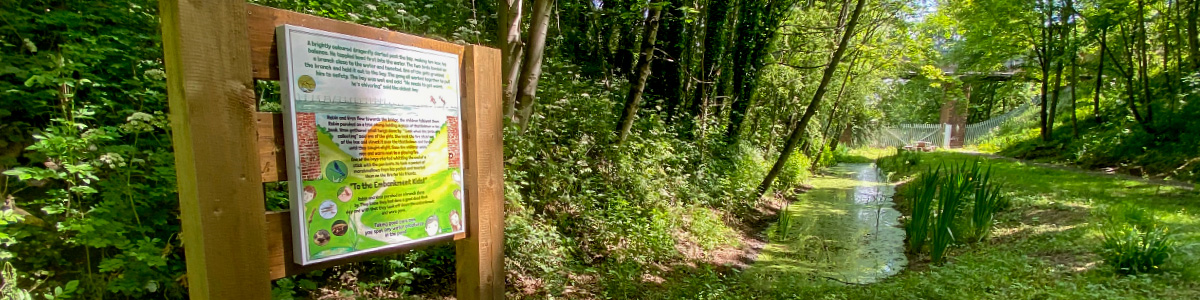 Wide angle view of Goldthorpe Embankment interpretation panel and wildlife pond area