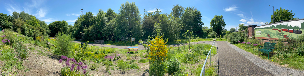 Wide angle view of the Goldthorpe Railway Embankment with train mural by local artist