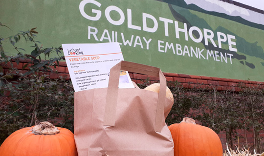 pumpkins and vegetable recipe cards at goldthorpe railway embankment autumn fair